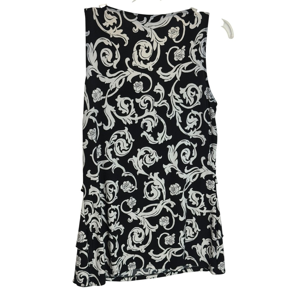White House Black Market Womens Black White Scroll Floral V-Neck Ruffle Top M